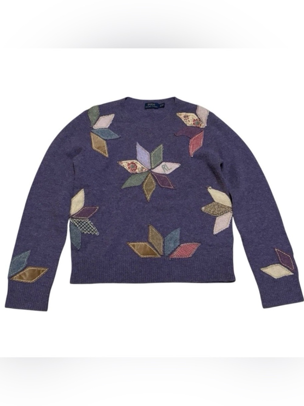 Polo by Ralph Lauren Purple Crewneck Sweater with patchwork quilt Appliqués wool